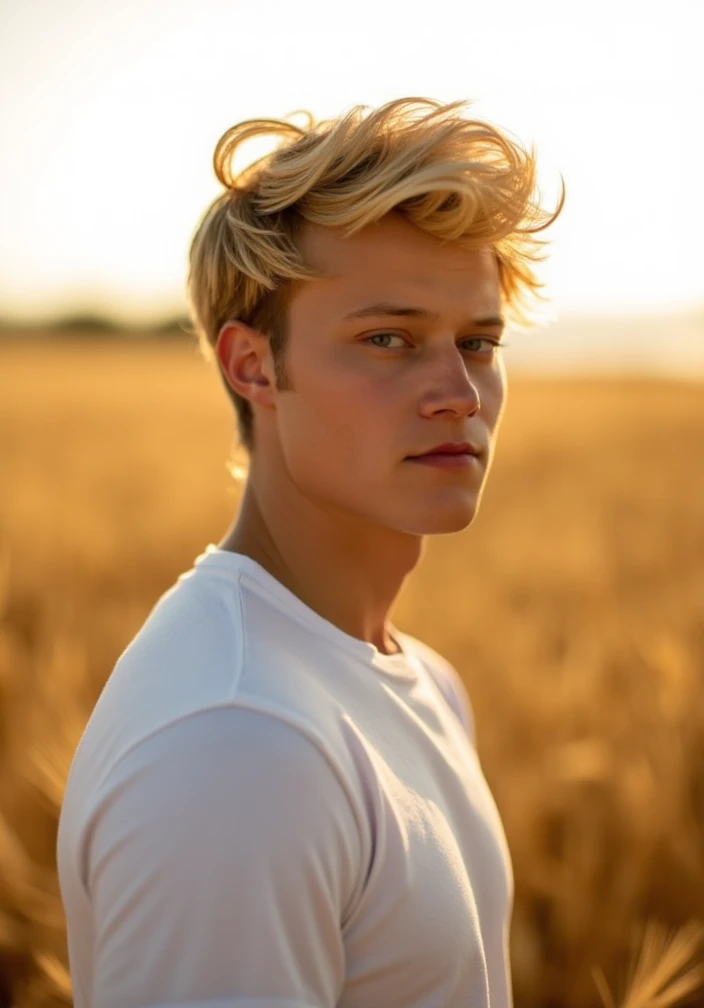 Make a young Germanic man, he is blond with blue eyes, almost albino, he is 32 years old he is 2,10 His appearance is robust and slightly handsome, His physique is athletic, He is a little stressed but he manages to get a good laugh out of his friends, he is in an open field a little cloudy without rain, with a slight smile on your face, photo realistic image.