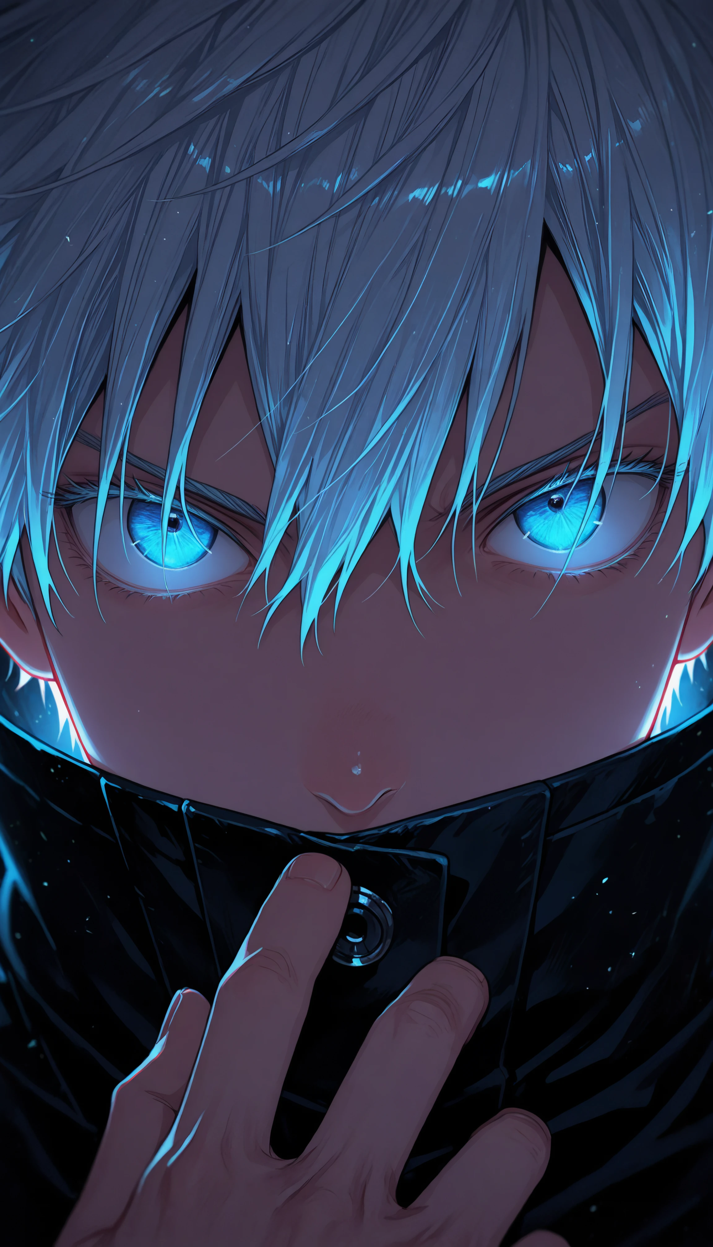 aniwall, anime, aesthetic, 8k wallpaper, detailed, gojou_satoru, solo, looking_at_viewer, short_hair, bangs, blue_eyes, 1boy, hair_between_eyes, jacket, white_hair, male_focus, hand_up, black_jacket, eyelashes, glowing, black_background, portrait, glowing_eyes, high_collar, colored_eyelashes, covered_mouth, eye_focus, hdr, low contrast,
masterpiece, best quality, absurdres, highres, perfect anatomy, perfect lighting, (sharp image), dynamic angle