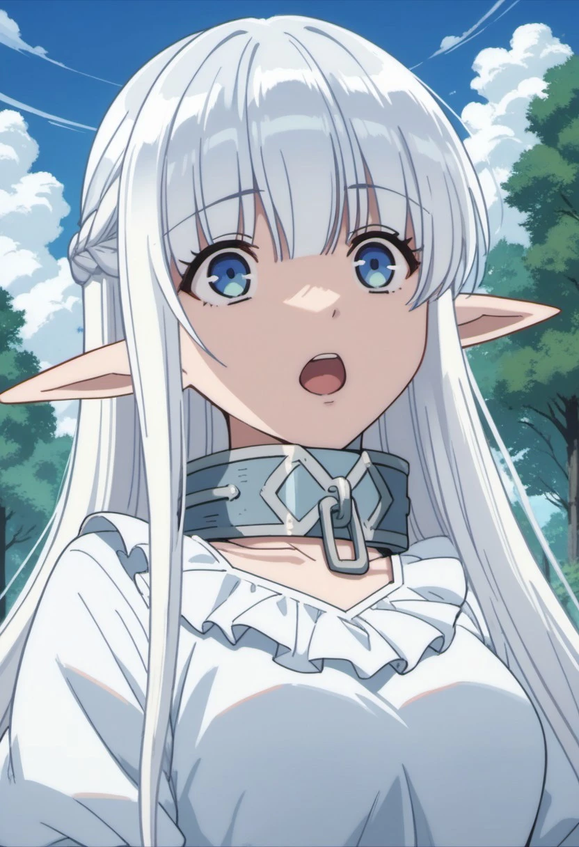 score_9, score_8_up, score_7_up, BREAK source_anime, <lora:Nephelia-PonyXL-lora-faxtron:0.8> nephelia, elf, blue eyes, white hair, long hair, metal collar, white dress, long sleeves, puffy sleeves,