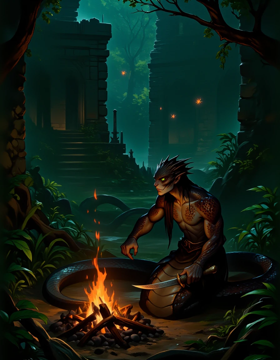 <lora:naga-lamia-concept:0.9>, A naga with dark brown and copper scales, long tail, green eyes and short brown hair, a small campfire in the heart of the jungle. He leans forward, holds a bone dagger. Strange glowing insects dart through the dense undergrowth, casting eerie shadows on the ancient stone ruins surrounding him, n4g4