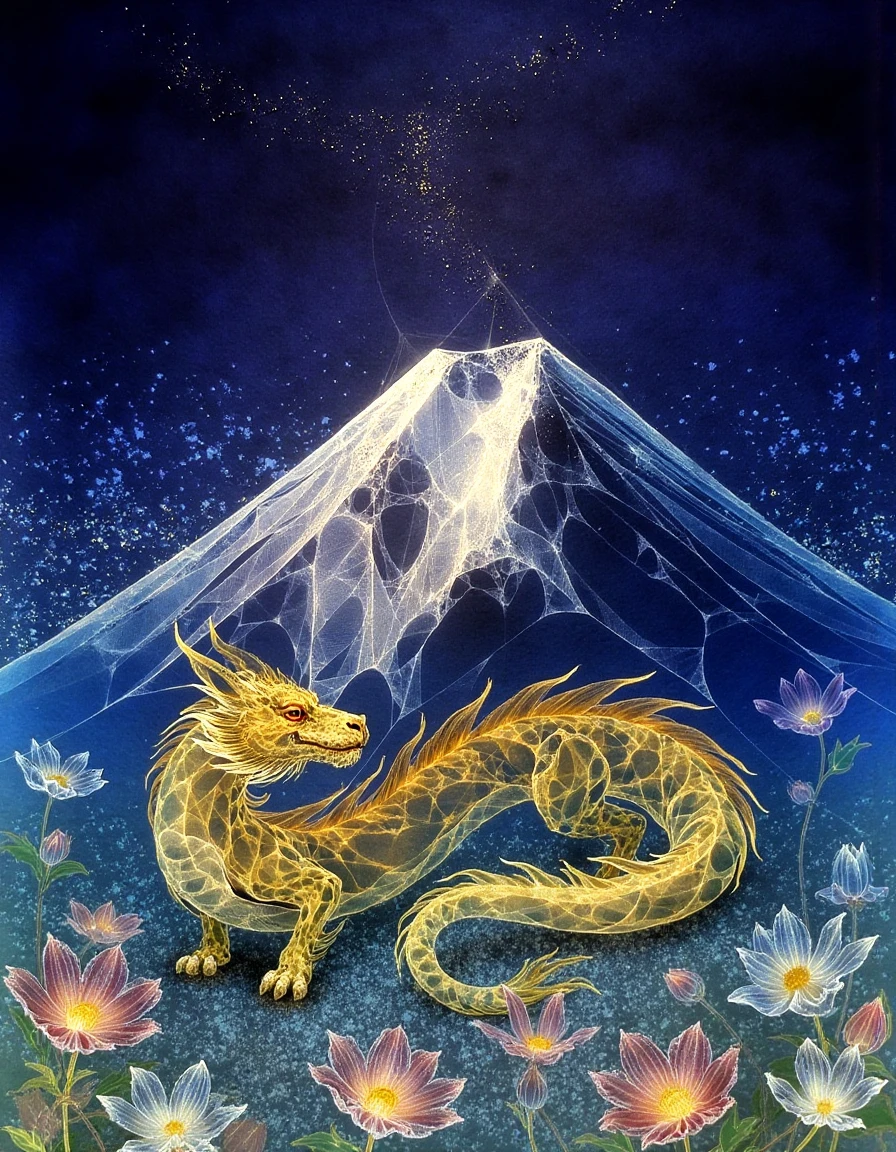 a dinhng style painting , a glowing golden dragon coiled around a translucent mountain peak under a starry night sky surrounded by intricate flowers and a mystical ethereal atmosphere, <lora:nihonga-stardust_v32-000070:1>