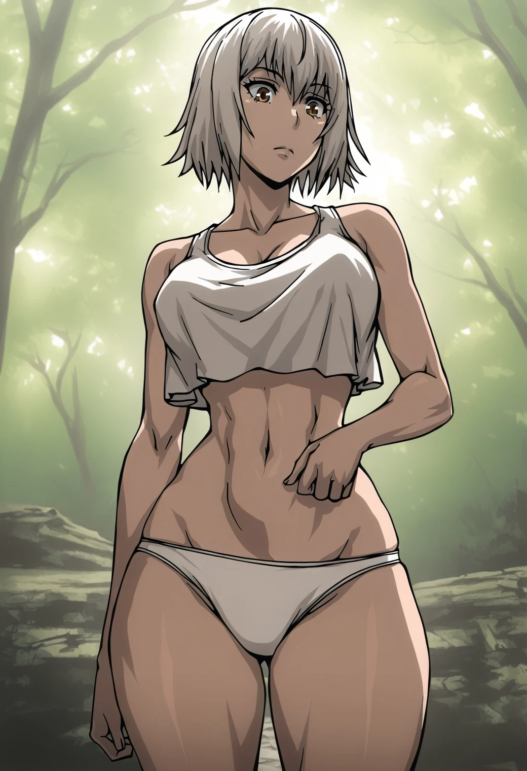 ((Top Quality, 8k, Masterpiece: 1.3)), 1girl, beautiful wolf woman, (fully naked), (topless), short white hair, glowing blue eyes, pale white skin, white wolf ears, medium breasts, forest background