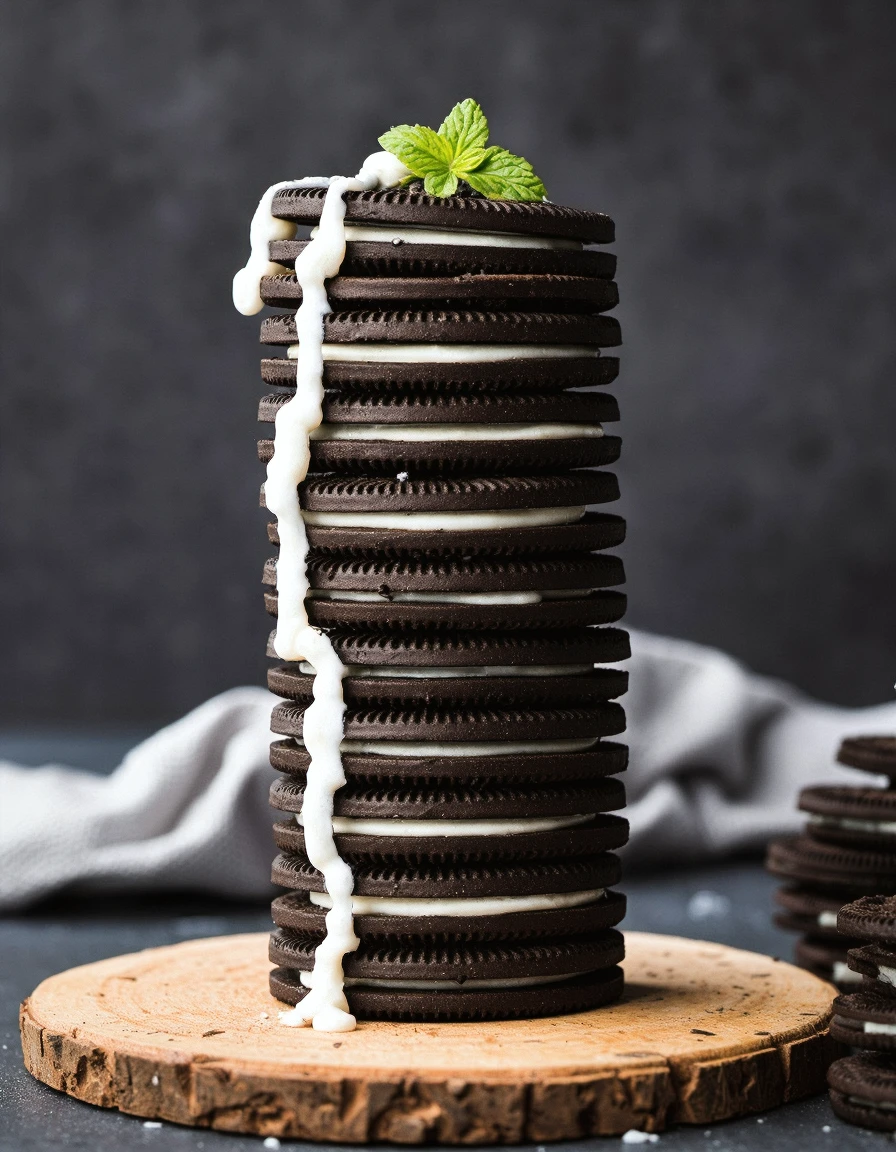 foodpho , High resolution food photography style using Sony A7RIV, The image shows a stack of Oreo cookies on a wooden board. The cookies are arranged in a vertical manner, with the top cookie being the largest and the bottom one being the smallest. The stack is made up of multiple layers of cookies, with each layer having a layer of white cream or cream on top. The cream is drizzled over the top of each cookie, creating a smooth and creamy texture. There is a small sprig of mint on top of the stack, adding a pop of green color to the image. The background is a dark grey color, making the cookies stand out even more. The overall mood of the image is elegant and decadent. The image is detailed and shot using a 50mm f 1.8 lens.