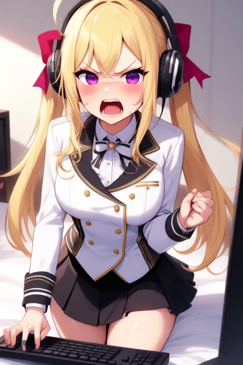 Takamiya Rion, anime-style girl. The image features an anime-style character with long blonde hair styled in twin tails, each adorned with a red bow. The character has striking purple eyes and is wearing a white blouse with black trim and gold buttons, paired with a black skirt that has a frilled hem, (She is wearing headphones and streaming de game with a keyboad, she is angry:2.5) in bedroom.