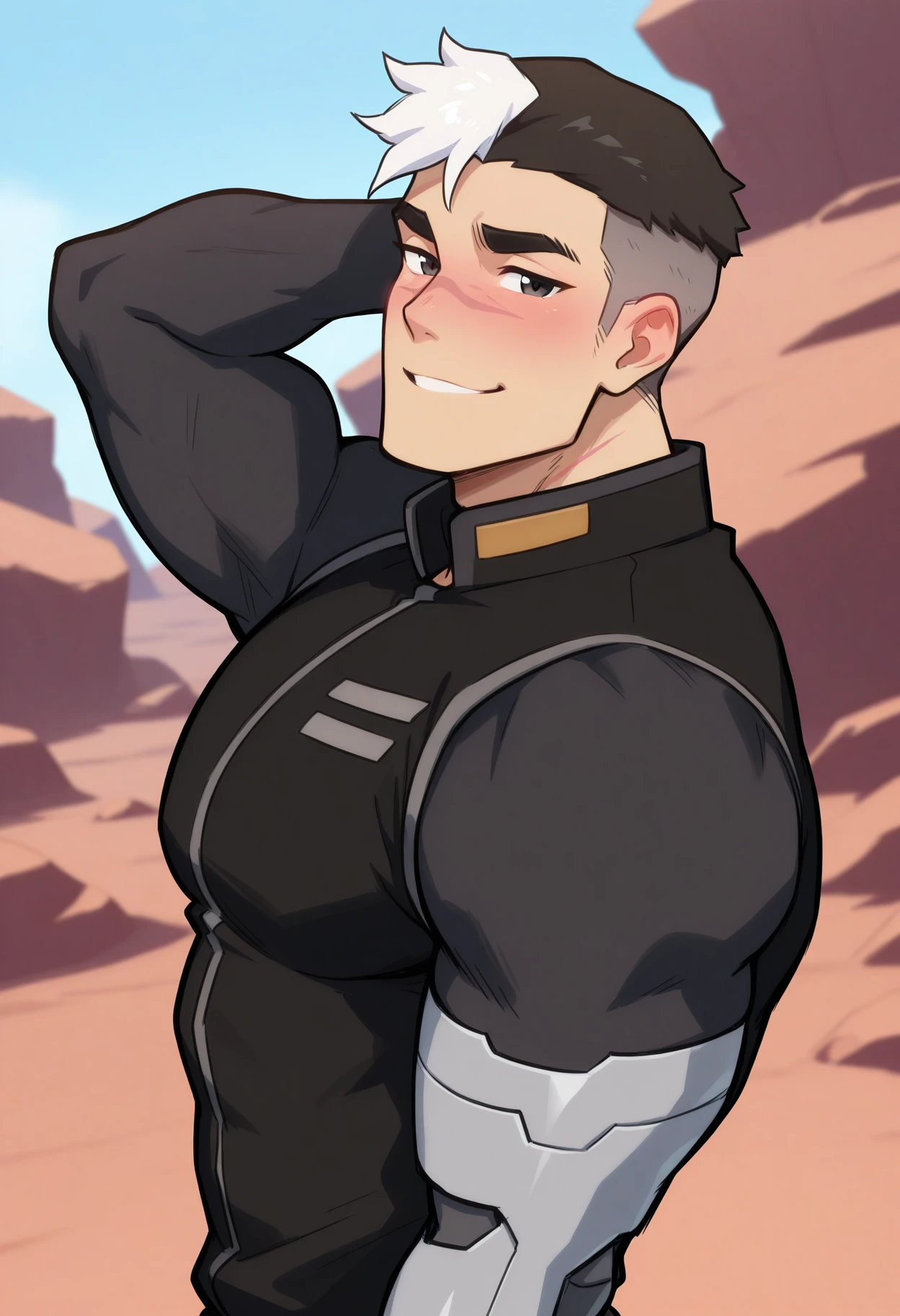 masterpiece, best quality, amazing quality, very aesthetic, absurdres, newest, male, bara, shiro_vol, black hair, undercut, multicolored hair, black eyes, upper body, black shirt, shirt collar, looking at viewer, bashful, robotic arm, hand behind head, scar on face, smile, side view, blushing, alien planet, outdoors
