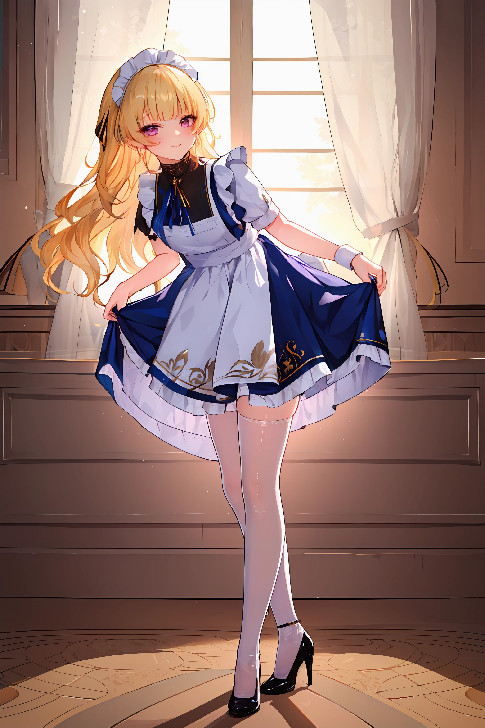 ((masterpiece,best quality)), 1girl, phoebe, maid headdress, maid apron, white thighhighs, high heels, smile, curtsey, standing, leaning forward,
