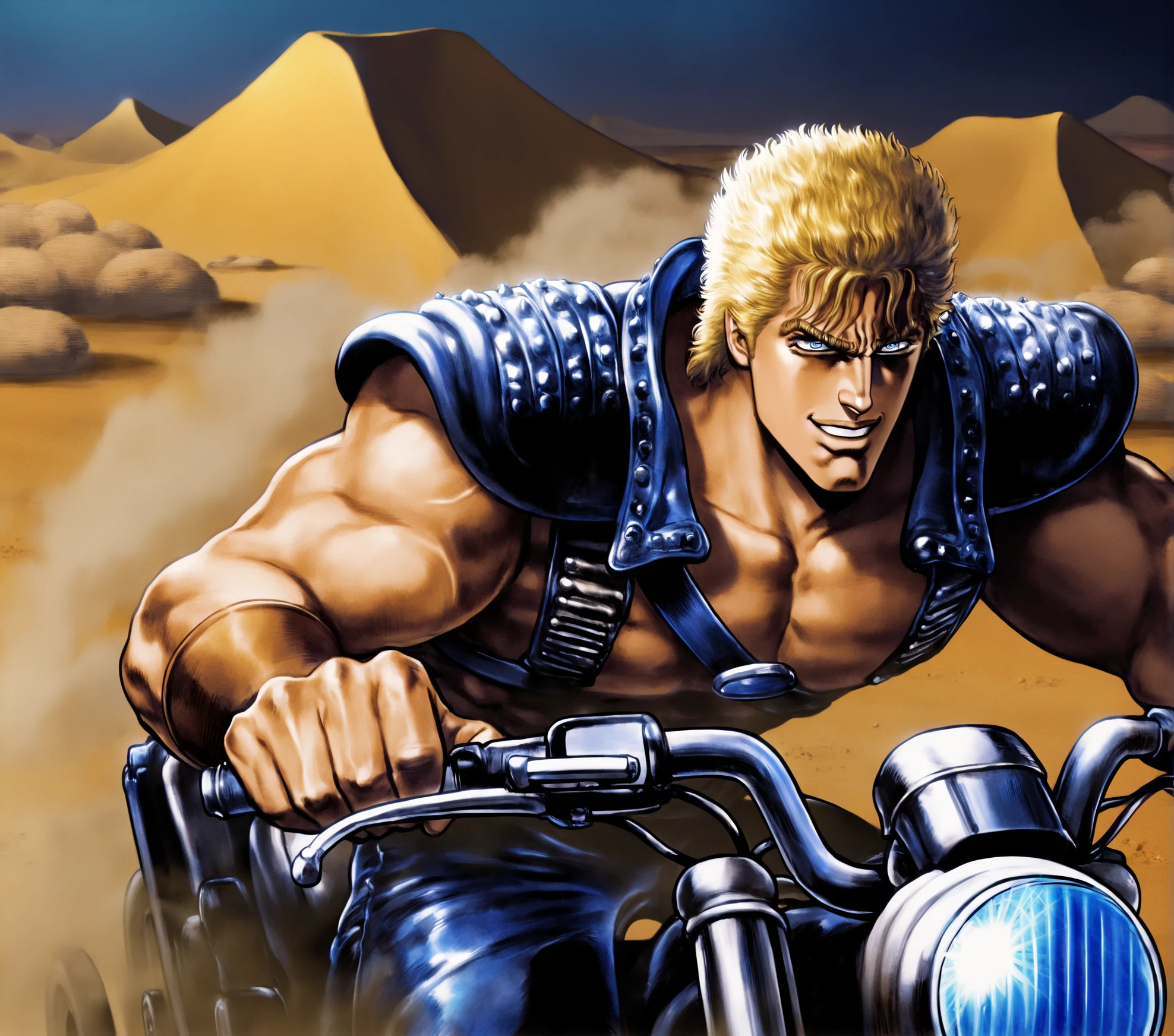 1boy,hokuto no ken,short hair,blonde hair,(hair slicked back ),armor,shoulder aromr,shoulder strap,desert,dust,muscular,night,dust,intense eyes,blue eyes,smile,upper body,riding motorcycle,motor vehicle,leather pants,amazing quality, very aesthetic, absurdres, masterpiece, newest
