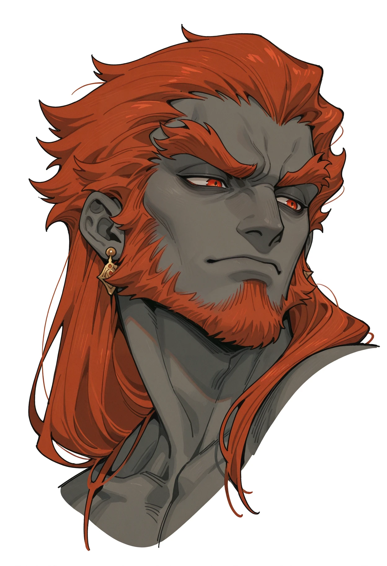 <lora:AniHuaILXL:1> an1hu4,
ganondorf, 1boy, male focus, solo, beard, facial hair, red hair, portrait, colored skin, cropped shoulders, grey skin, jewelry, white background, red eyes, earrings, thick eyebrows, dark skin, long hair, simple background, masterpiece, best quality, amazing quality, intricate detail, highly detailed, absurdres,