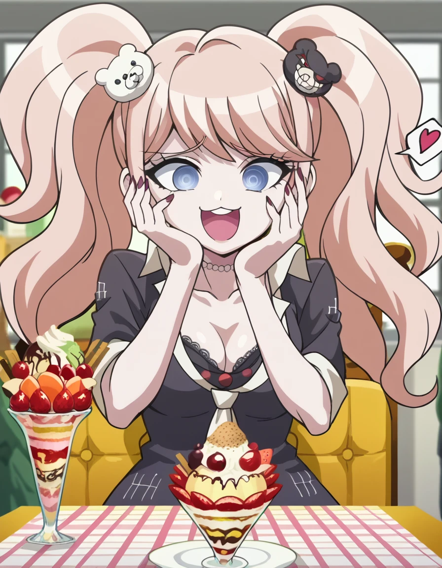 fscore_9, score_8_up, score_7_up, source_anime, <lora:junko-enoshima-ponyxl-lora-nochekaiser:1>, junko enoshima, long hair, bangs, blue eyes, pink hair, hair ornament, twintails, bear hair ornament, large breasts, anime screencap, <lora:parfait-ponyxl-lora-nochekaiser:1>, parfait, open mouth, heart, food, sparkle, fruit, happy, hand on own face, spoken heart, ice cream, strawberry, spoon, hand on own cheek, cherry, holding spoon, ,