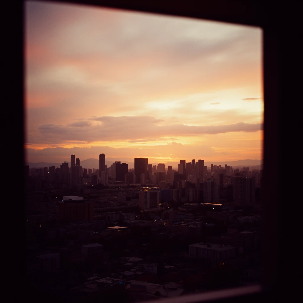 cinematic film still of <lora:Cinematic Film Stock Nolan v1:0.8>
Cinematic Film Stock Footage of a view of a city at sunset from a window, 5219 500T style, 5207 250D style, Fujicolor style, 5213 200T style, 5203 50D style, perfect image, perfect body, perfect anatomy, sharp image, detailed image, film color style, high quality photography, cinematic photography style, Cinematic Film Stock style, outdoors, sky, cloud, no humans, cloudy sky, building, scenery, sunset, city, cityscape, orange sky, skyline, shallow depth of field, vignette, highly detailed, high budget, bokeh, cinemascope, moody, epic, gorgeous, film grain, grainy