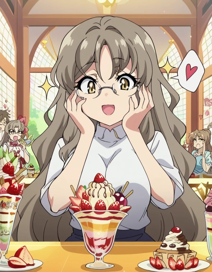 fscore_9, score_8_up, score_7_up, source_anime, <lora:rio-futaba-s1-ponyxl-lora-nochekaiser:1> rio futaba, long hair, brown hair, brown eyes, large breasts, glasses, anime screencap, <lora:parfait-ponyxl-lora-nochekaiser:1>, parfait, open mouth, heart, food, sparkle, fruit, happy, hand on own face, spoken heart, ice cream, strawberry, spoon, hand on own cheek, cherry, holding spoon, ,