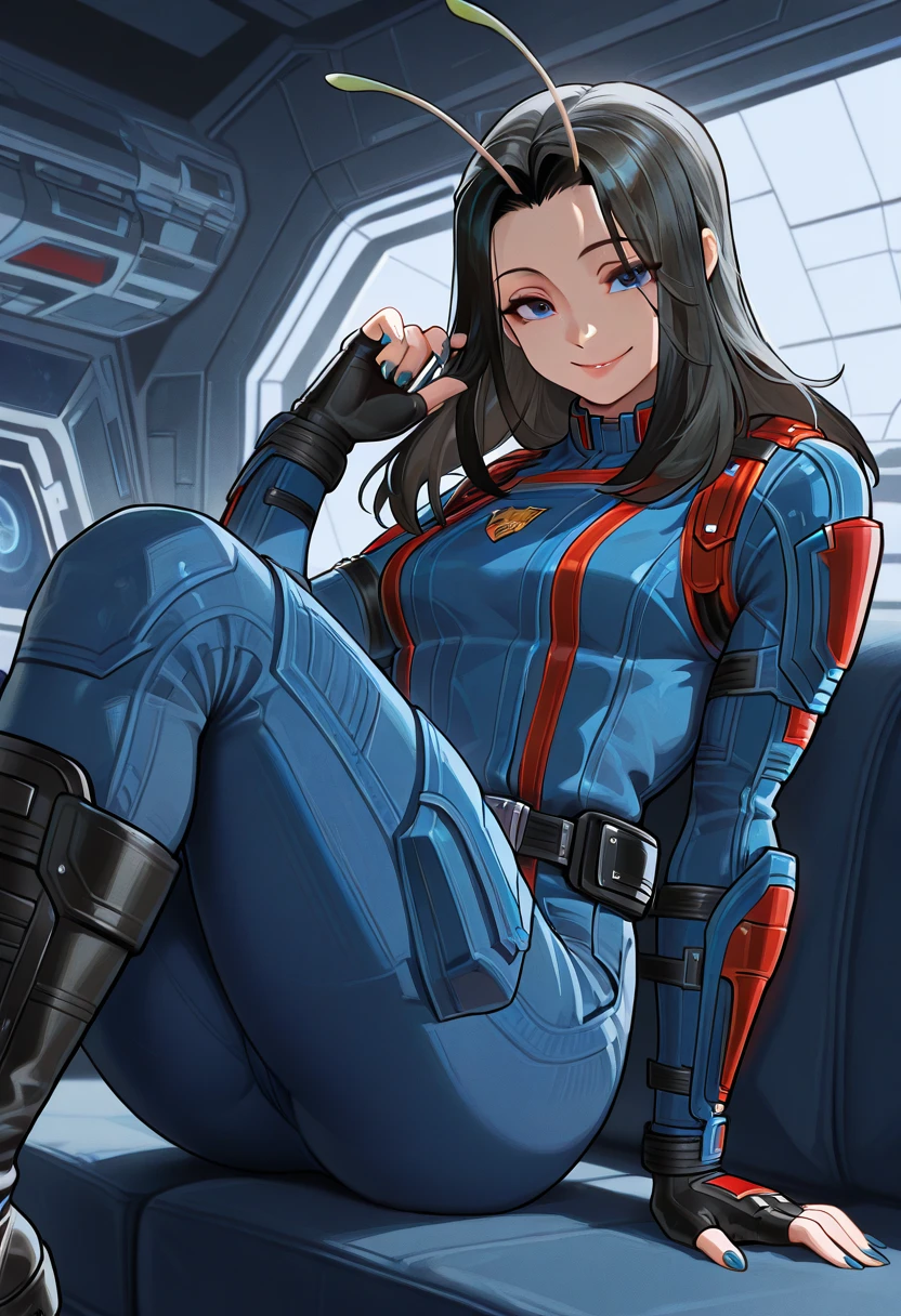 masterpiece, best quality, newest, absurdres, highres, <lora:RivalsMantisIllustrious:0.9>, MNTGOTG, antennae, black hair,blue eyes, long hair, blue jacket, utility belt, blue pants, black gloves, fingerless gloves, blue nails, black boots, sitting, couch, seductive smile, looking at viewer, spacecraft interior, 1girl, solo,