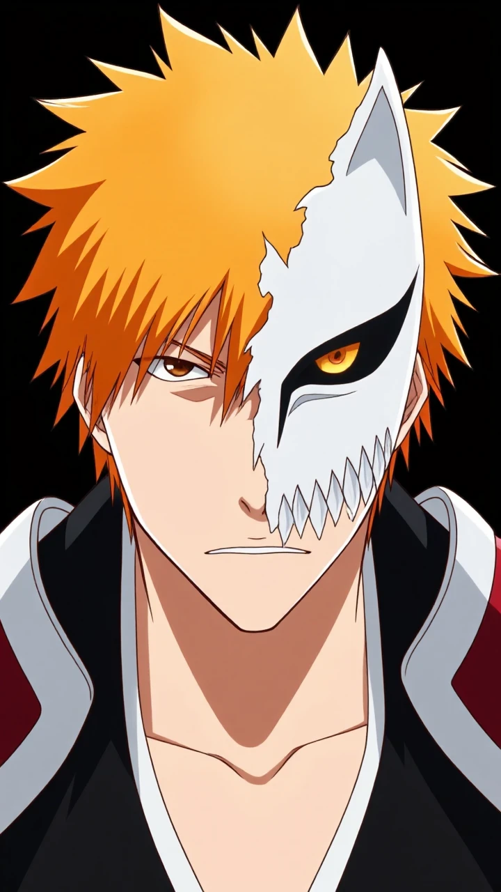 !chigo, Ichigo Kurosaki from Bleach, wearing his signature kimono, orange spiky hair, upclose facial portrait, half of his face is covered in a broken fox mask
