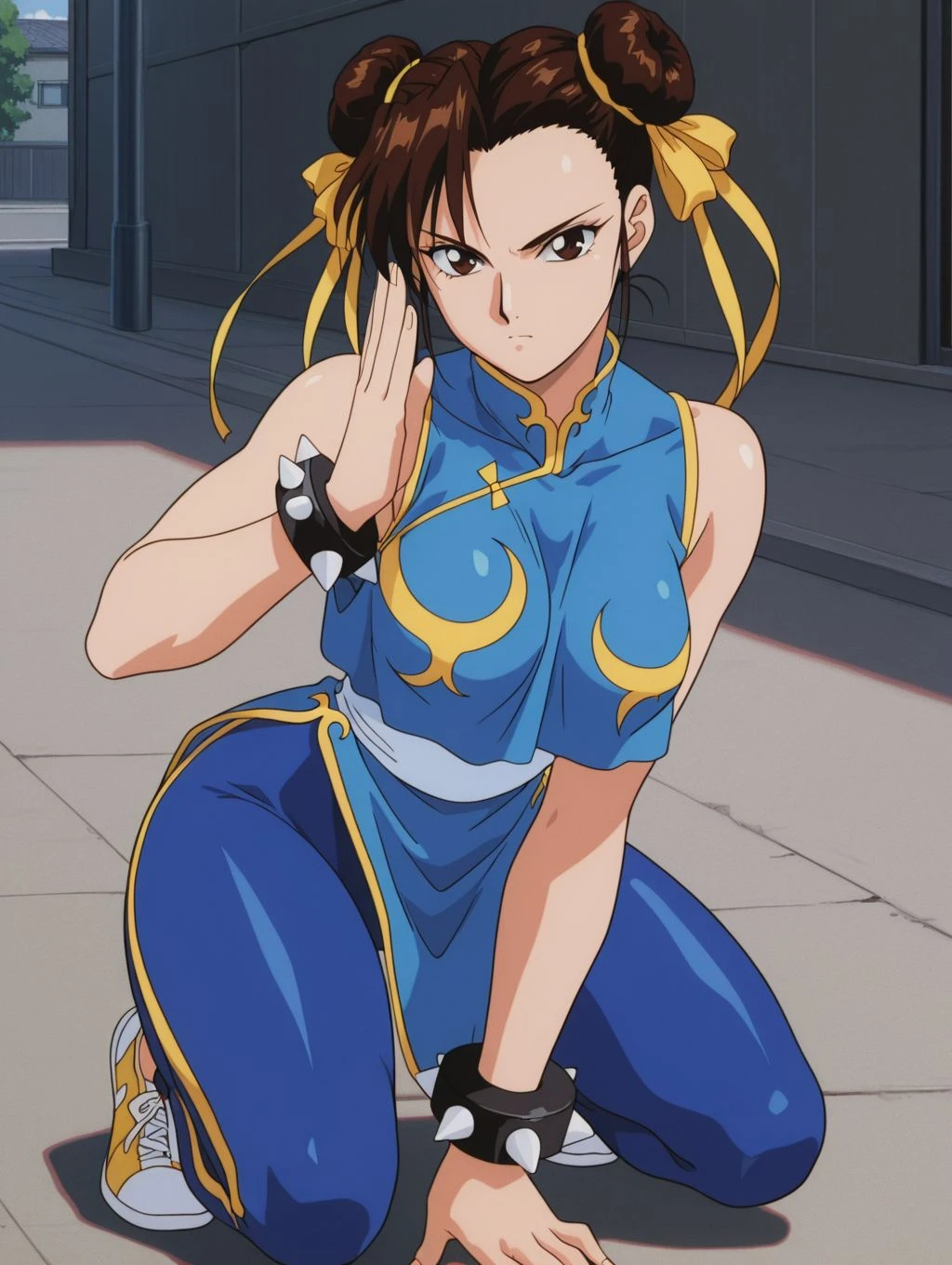 Earthbender human woman with tanned skin. She is a 16-year-old teenager with brown eyes and deep blue clothing. Her hair is long and brown in color; it is fastened in a large braid. Just one braid. She is beautiful and her skin is dark in color. Her skin is slightly dark. Earthbender. Tsundere face. Pink eye shading,mature appearance,armpits,sweat,sweaty,sweaty armpits,arms up,showing armpits,awesome armpits,outfit,blackish red arm warmers,maroon arm bands,matoon arm warmers