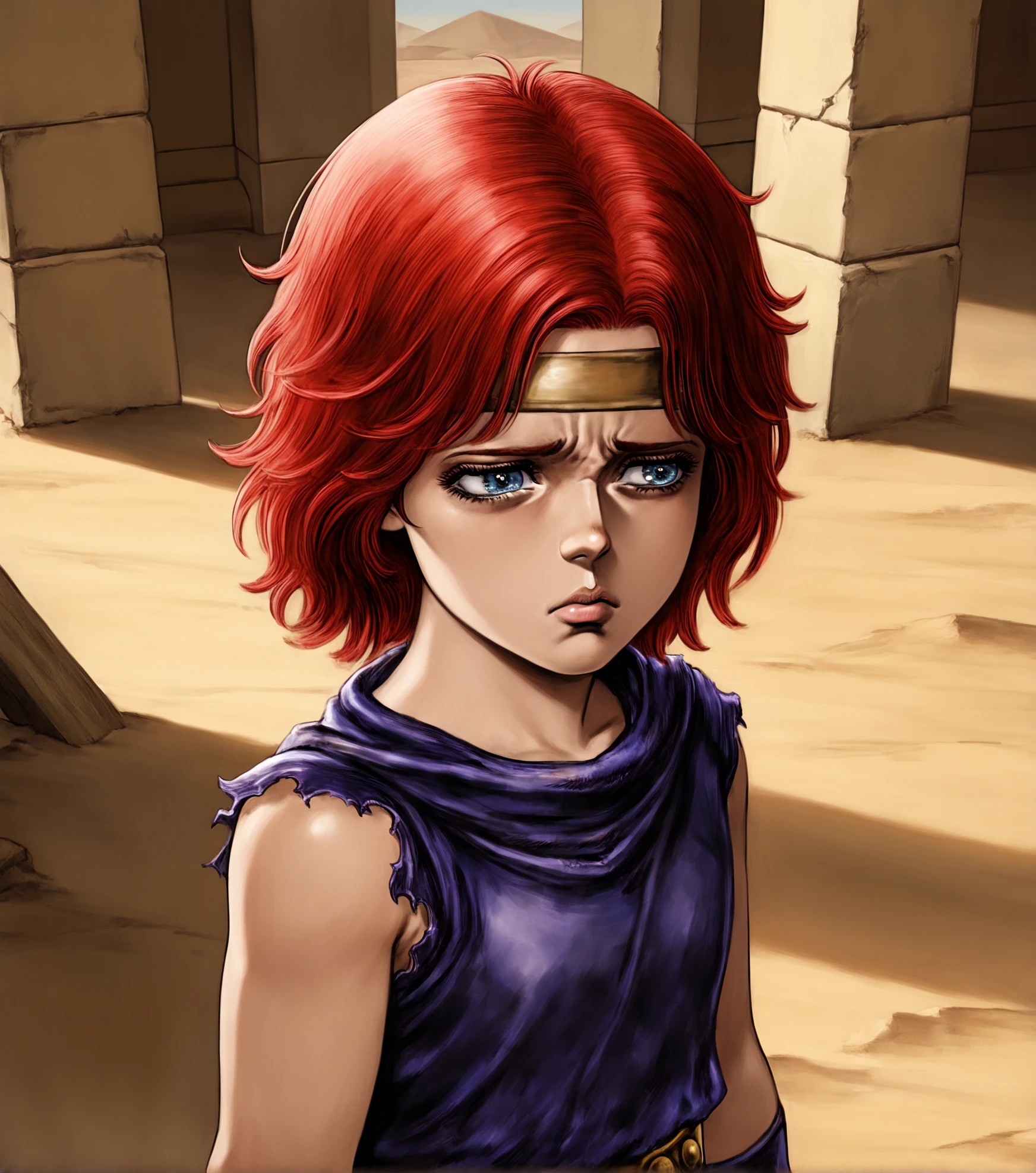 1girl,(lin \(hokuto no ken\):1.2),hokuto no ken,child,torn clothes,red hair,short hair,headband,sad,desert,indoors,upper body,,amazing quality,looking away, very aesthetic, absurdres, masterpiece, newest