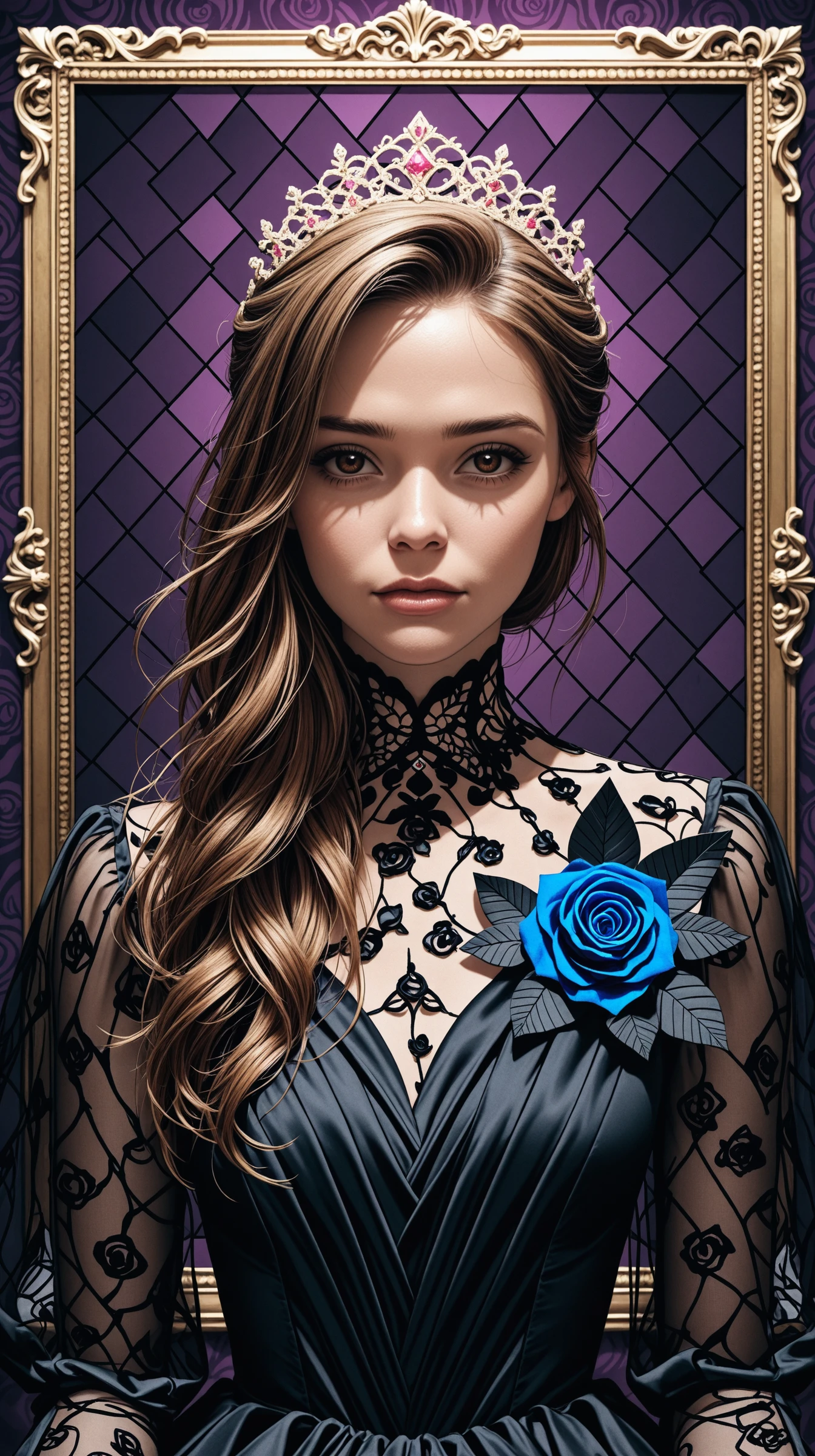 1girl, face, portrait, looking at viewer,
masterpiece,best quality,amazing quality,very aesthetic,absurdres,newest,detailed eyes, realistic body,
brown eyes, rosebrown hair, haute couture, black dress, dress covered with blue roses, haute couture,long sleeves, transparent sleeves,
face focus, upper body view, dynamic angle,
(one giant square in background:1.4), abstract background, minimalistic composition, purple background details, floating hair, futuristic print in background, blue rose pattern,
dark, light from one side, dark shadow,