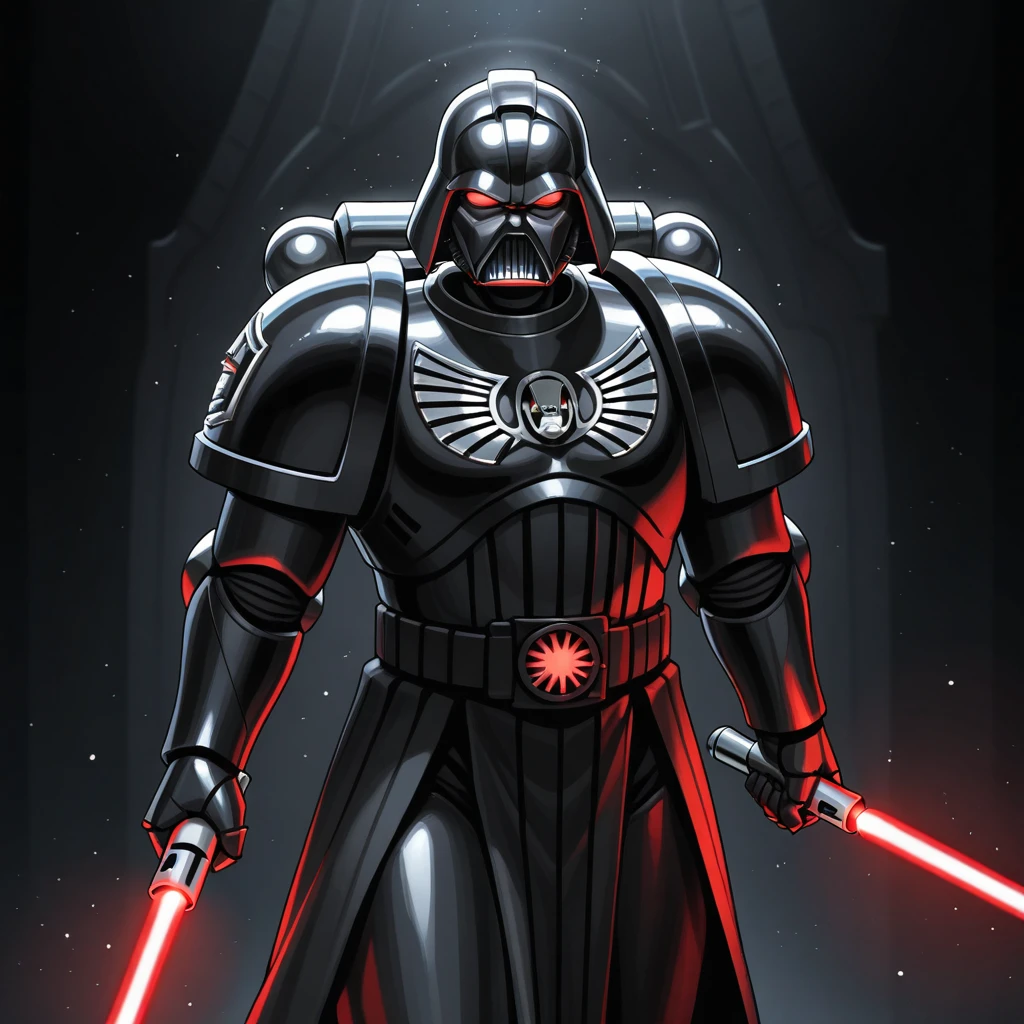 masterpiece, best quality, spacemarines, 1boy, solo, black armor, pauldrons, breastplate, gauntlets, darth vader, cowboy shot, <lora:SpaceMarines_Creator_warhammer_Leaf1:0.8>, light particles, black theme, holding lightsaber, red lightsaber,