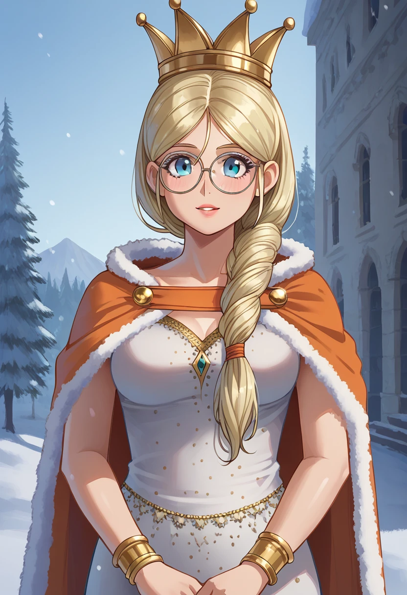 score_9, score_8_up, score_7_up, score_6_up, score_5_up, score_4_up, masterpiece, best quality, BREAK,
1girl, outdoors, snow, <lora:Queen_Frysabel_DQ:1> frysabel, glasses, long hair, blonde hair female, braid, dress, jewelry, bracelet, crown, cape