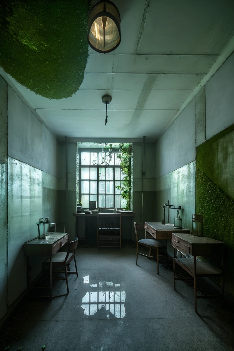 <lora:JJsAbandonedHospital:0.85> , ((Abandoned Hospital)), ((masterpiece)), ((best quality)), scenery, indoor, realistic, soft lighting, high detailed, center composition, door, window, bed, hall way, vine, lamp, desk, bottle, dirty, moss, crack, medical equipment, dust, soil, broken glass, gray wall,, photography, capturing moments, storytelling, creative composition