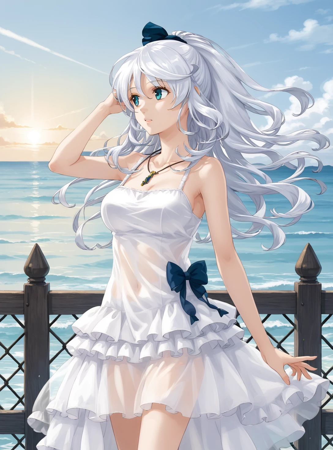 white dresses,depth of fields,Tilt forward,Floating hair,cabelos preto e longos,ssmile,exteriors,blue-sky,clouds,the ocean,seagulls,white stockings