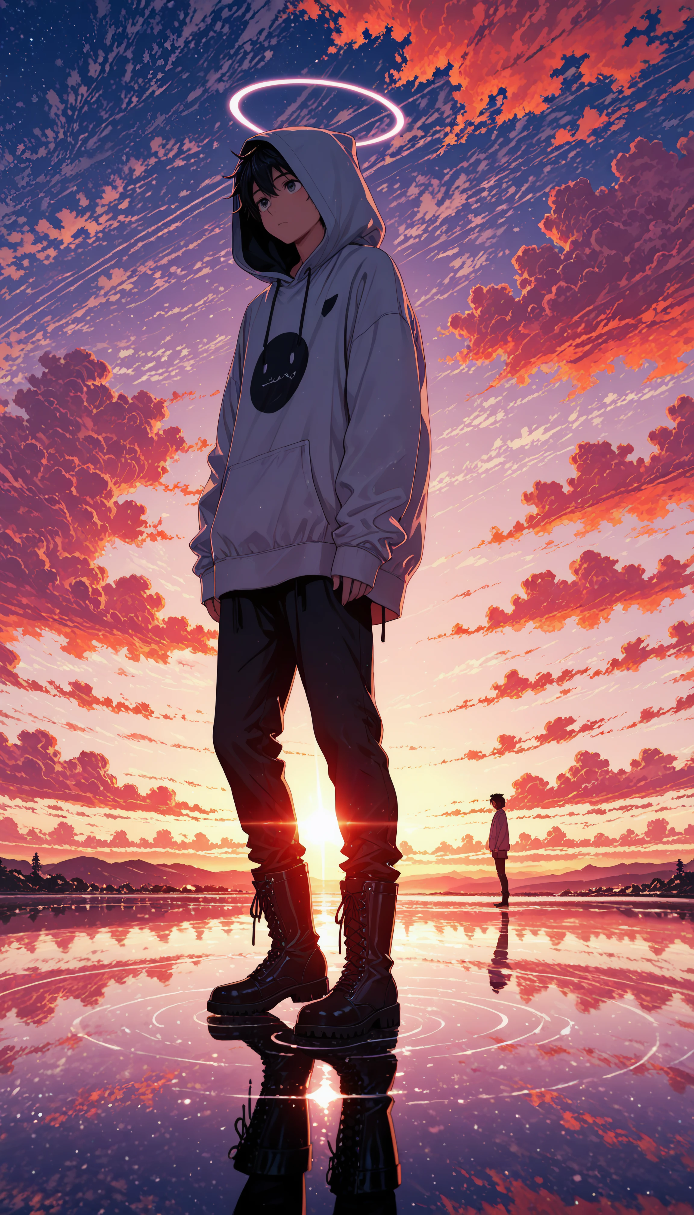 aniwall, anime, aesthetic, 8k wallpaper, detailed, solo, 1boy, standing, full body, outdoors, sky, pants, boots, cloud, hood, hoodie, water, cloudy sky, hood down, reflection, hood up, halo, hdr, low contrast,
masterpiece, best quality, absurdres, highres, perfect anatomy, perfect lighting, (sharp image), dynamic angle