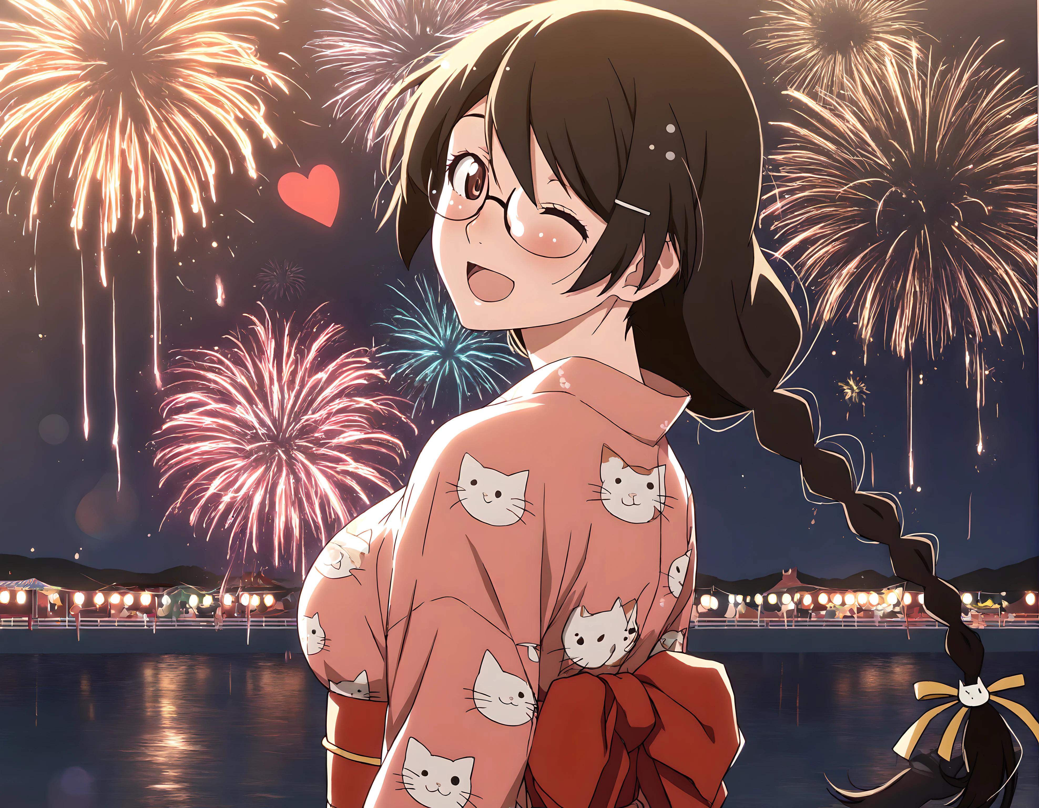 <lora:illustrious_XL_hanekawa_v2:0.8>,hanekawa,masterpiece,best quality,good quality,1girl,solo,happy,smile,;d,light_blush,heart,japanese clothes,yukata,cat print,obi,outdoors,night,festival,fireworks,standing,upper_body,looking_back,looking_at_viewer,lens_flare,