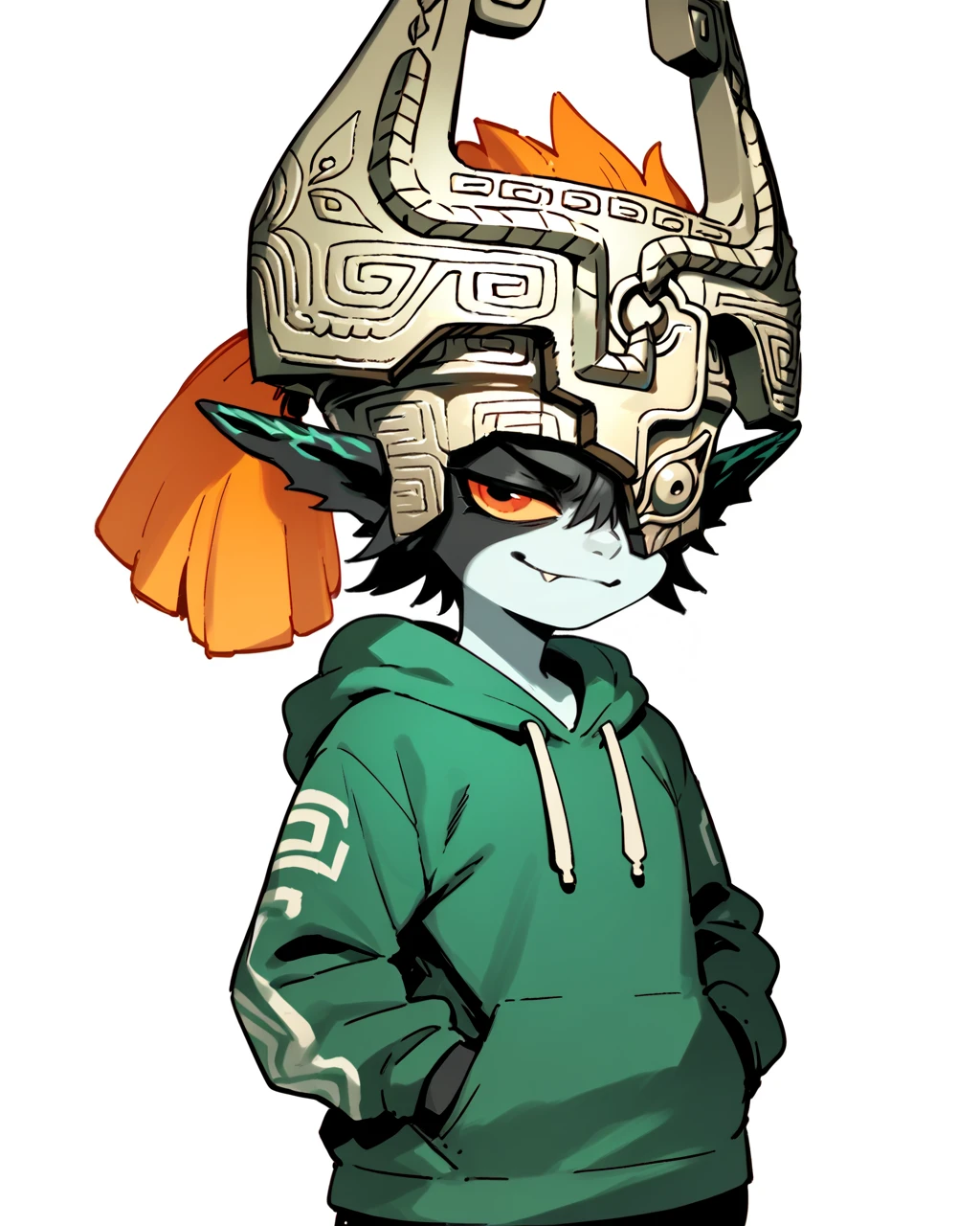 <lora:TLOZ_Midna-PONY:0.8> tlozmidna, shortstack, green hoodie, hands in pocket, solo, orange hair, ponytail, stone helmet, colored sclera, two-tone skin, smug, cowboy shot, white background, score_9, score_8_up, score_7_up, score_6_up,