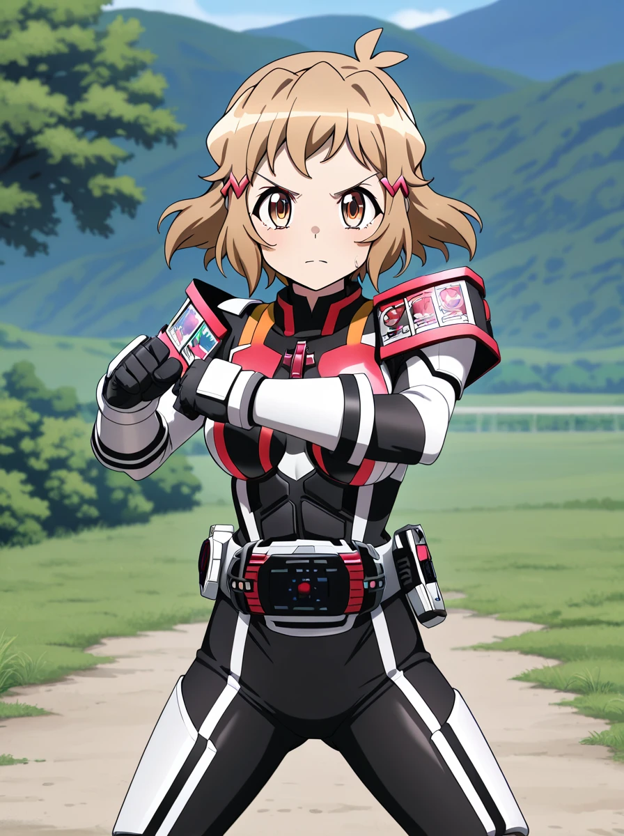 masterpiece, best quality, amazing quality, very aesthetic, absurdres, newest anime screenshot, anime coloring,
<lora:DecadeComplete:1>completeform, armor, solo, belt, tokusatsu, , standing, rider belt 1girl, fighting stance, looking at viewer, tachibana hibiki \(symphogear\), brown hair, hairclips brown eyes,