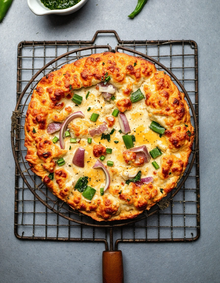 foodpho , High resolution food photography style using Sony A7RIV, The image shows a round pizza on a wire cooling rack with a wooden handle. The pizza has a golden brown crust and is topped with melted cheese, red onions, and green peppers. The cheese appears to be melted and bubbly, and there are small bits of herbs scattered throughout the pizza. The background is a gray textured surface. The image is detailed and shot using a 50mm f 1.8 lens.