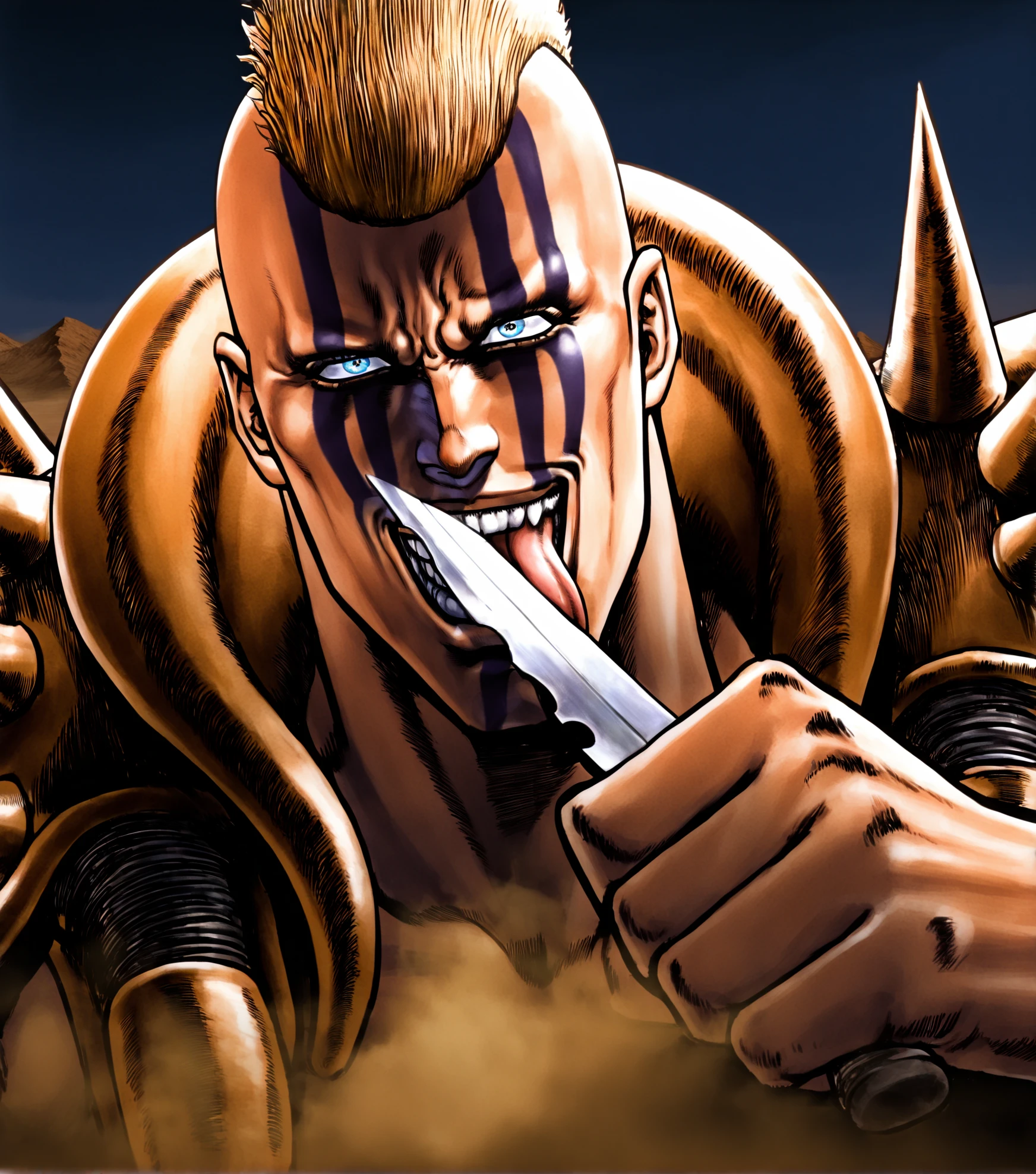 1boy,hokuto no ken,bald,mohawk,armor,spiked shoulder armor,desert,dust,muscular,night,dust,intense eyes,Constructed Puppils,no eyebrows,angry,smile,facial tattoo,tongue,holding knife,licking blade,close-up,amazing quality, very aesthetic, absurdres, masterpiece, newest