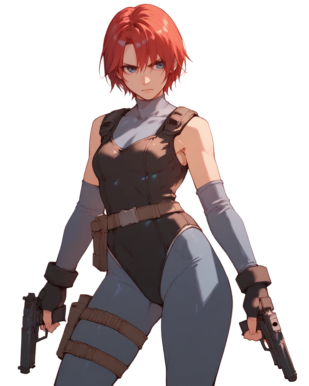 <lora:DinoCrisis_Regina-PONY:0.8> 1girl, solo, cowboy shot, white background, red hair, short hair, blue eyes, leotard, bodysuit, detached sleeves, fingerless gloves, belt, thigh holster, handgun, trigger discipline, score_9, score_8_up, score_7_up, score_6_up,