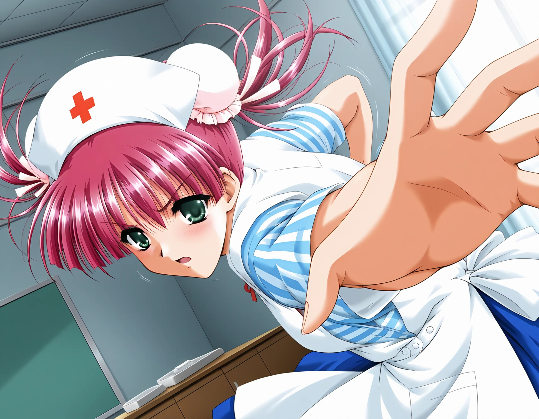 masterpiece, best quality, official art, amazing quality, ultra highres, very aesthetic, highly detailed, intricate,
1girl, solo, nanana, pink hair, green eyes, beautiful detailed eyes,
nanana_nurse_clothes, nurse, nurse cap, BREAK
serious, open mouth,
IncrsPunchMeme, incoming attack,
in room, motion lines, speed lines, , sharp focus, depth of field, deep contrast of light and dark, deep shadow
<lora:yoshino_nanana v1.1-000010:1> <lora:PepePunchMeme_illusXLNoobAI_Incrs_v1:1.3>