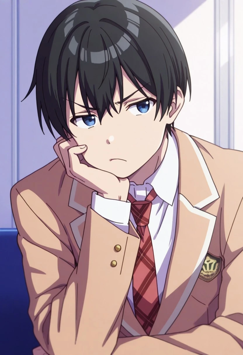 score_9, score_8_wonderful, score_7_wonderful, sauce_anime,student ,Masamune's Revenge,masamune,Male Focus,No pants,Inside the cage,tie,blazer,Bow legs,Place your hands behind your head.,penis,Collar with leash,View your viewers,squat,Black Hair,blue eyes,humiliation,deep throat