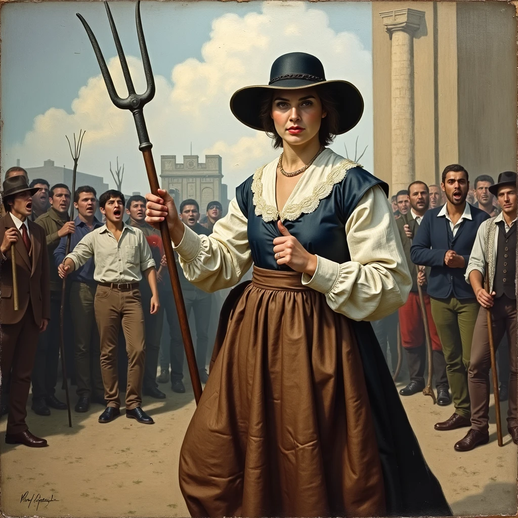 (Beautiful impressionistic oil painting) of a woman in the 1870s in france during the french revolution holding a three-pronged simple pitchfork and leading a rabble of shouting people to the bastille. She is clothed in french peasant clothing of the early 19th century and has a determined look on her face.