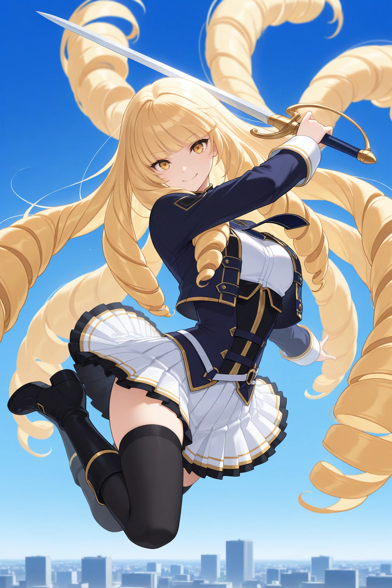 masterpiece, best quality, 1girl, solo, <lora:roseoriana-illu-nvwls-v1-000006:1> sdoriana, blonde hair, very long hair, drill hair, blunt bangs, yellow eyes, brown eyes, dark blue jacket, cropped jacket, long sleeves, dark blue necktie, white shirt, corset, white skirt, pleated skirt, black thighhighs, black boots, jumping, midair, blue sky, city, holding sword, smile, happy, looking at viewer, dynamic pose