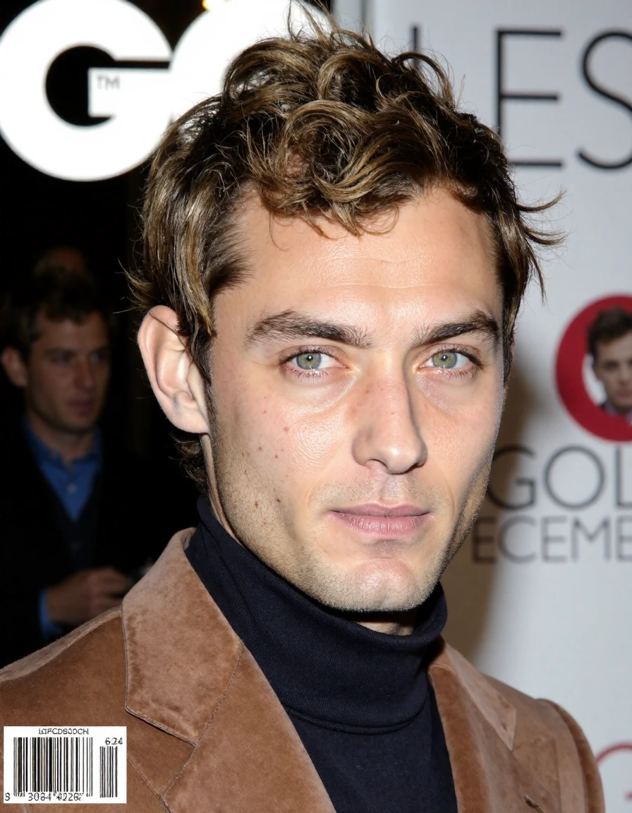 <lora:Jude_Law_Ca2004:1> man Photograph Of The Cover Of The February 2025 Issue Of GQ Magazine, The Cover Is A Stylized, Vibrant Cover Design, And The Only Text Is The Title"GQ" which Is Prominently Displayed In Bold, White GQ Script Font At The Top. No Ottheir Text On The Cover, The Cover Is A Background Of Winter Colors, Lighter Shades At The Top And Darker Shades Towards The Bottom, Creating A Dramatic Effect, There Is An Extreme Close-Up Of The Subject Wearing The Latest In Winter Fashion, The Only Thing Else On The Cover Is A Upc Code, Extreme Close-Up, Zoomed, Focus On Face, Centered, Macro Shot, Face Centered, Focus On Eyes, Looking Directly At The Viewer, Looking Directly At The Camera, Making Eye Contact, Looking Straight Ahead, <lora:zz_s_Chest_Size_Slider:-2> High Collar, Chest Covered