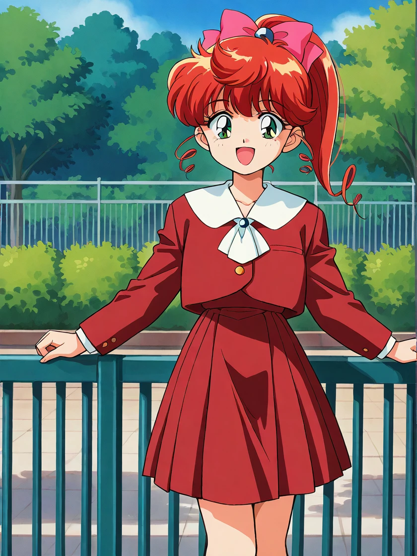 masterpiece, best quality,
1girl, solo, <lora:kokubu_karin_illustrious:1>,
kokubu karin, kokubu karin (school), retro artstyle, 1990s (style), red hair, curly hair, long hair, drill hair, ponytail, high ponytail, hair bow, pink hair bow, bangs,
green eyes,
school uniform, red school uniform, ascot, buttons, long sleeves,
pleated skirt, red skirt,
railing, bush, fence, plant, school, outdoors, park,
smile, :d, feet out of frame, cowboy shot, dynamic pose