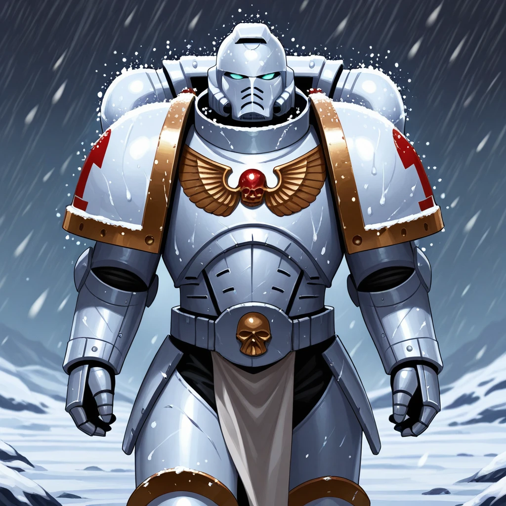 masterpiece, best quality, spacemarines, 1boy, solo, white armor, pauldrons, gauntlets, winter, cowboy shot, <lora:SpaceMarines_Creator_warhammer_Leaf1:1>, snowing, storm,