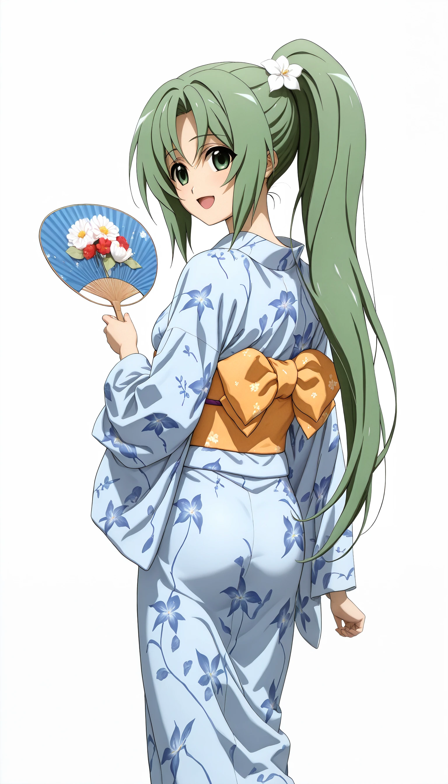 ((SK-Illu, sakai_kyuuta, 1girl, solo, long_hair, looking_at_viewer, smile, open_mouth, simple_background, hair_ornament, photoshop_(medium), white_background, bow, very_long_hair, green_eyes, ponytail, flower, japanese_clothes, green_hair, looking_back, official_art, hair_flower, wide_sleeves, kimono, from_behind, scan, sash, obi, floral_print, hand_fan, third-party_edit, yukata, blue_kimono, higurashi_no_naku_koro_ni, paper_fan, uchiwa, sonozaki_mion))