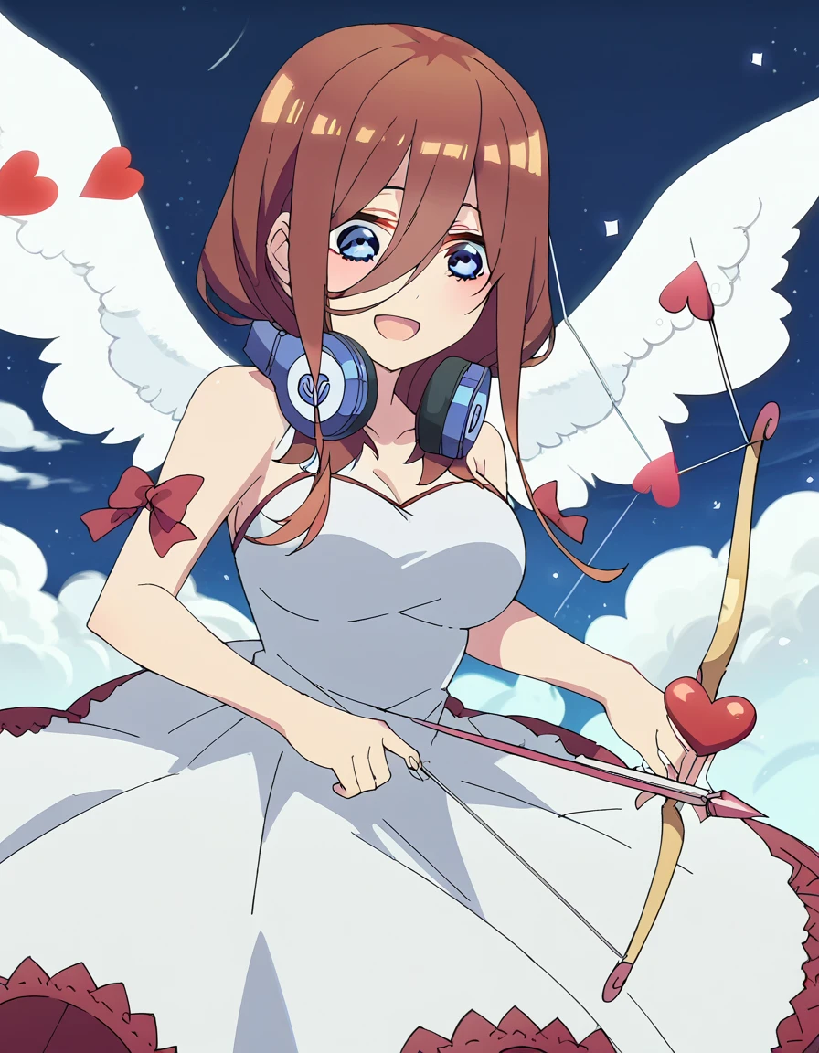 fscore_9, score_8_up, score_7_up, source_anime, <lora:miku-nakano-s2-ponyxl-lora-nochekaiser:1>, miku nakano, long hair, bangs, blue eyes, brown hair, hair between eyes, headphones, headphones around neck, large breasts, anime screencap, <lora:cupid-ponyxl-lora-nochekaiser:1>, cupid, dress, bare shoulders, weapon, heart, wings, bow (weapon), arrow (projectile), angel, smile, open mouth, heart arrow, ,