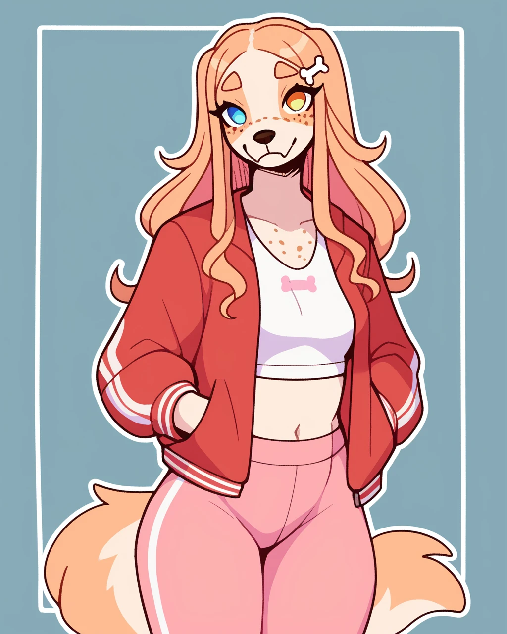 score_9_up, score_8_up, score_7_up, score_6_up, by remanedur, medium breasts, long hair, dog, heterochromia, yoga pants, t-shirt, jacket, bone hair ornament, freckles, female, looking at viewer, tail, solo, three-quarter view, head tilt, simple background, white outline,<lora:Leah_Pines(AIM)_XL_v1:0.15> <lora:PDXL_artist_tags_v2_big:0.5> <lora:The-Minuscule-Task_PDXL_v1.0:0.6> <lora:Clover_FoxyPew:0.5>