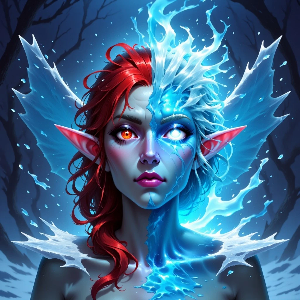 FantasyCardd-V1.0 illustration of a mysterious female entity, one half of her body and face is beautiful fire goddess angelic appearance, red eyes, flaming hair, the other half of her body and face is frozen, blue icy skin, glowing eye and hair are freezing from cold, cold breath, on her back are wings corresponding to each part of the body. cold atmosphere, cinematic, masterpiece, clear focus. Show More