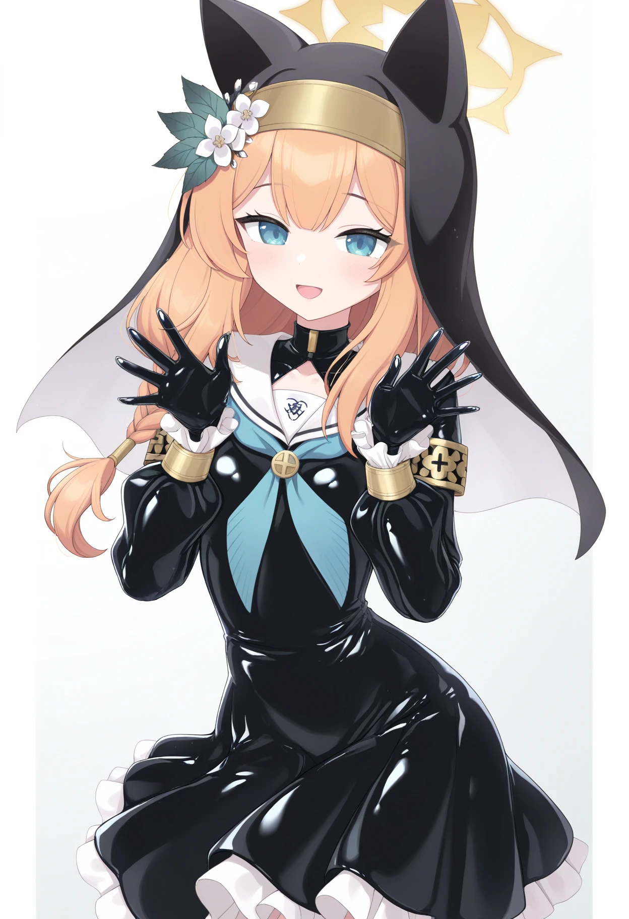 best quality,masterpiece,prompt,newest,late,solo,
1girl, mari \(blue archive\), solo, blue eyes, thighhighs, long hair, nun, leotard, braid, orange hair, animal ear headwear, black leotard, black thighhighs, open mouth, habit, white background, highleg leotard, latex, flower, simple background, breasts, animal ears, blush, looking at viewer, small breasts, bangs, single braid, thighs, hair between eyes, long sleeves, latex legwear, highleg, gloves, veil, kneeling, hat flower, black gloves, black footwear,<lora:å¯ºç°ã¦ãXL-000021:1>,