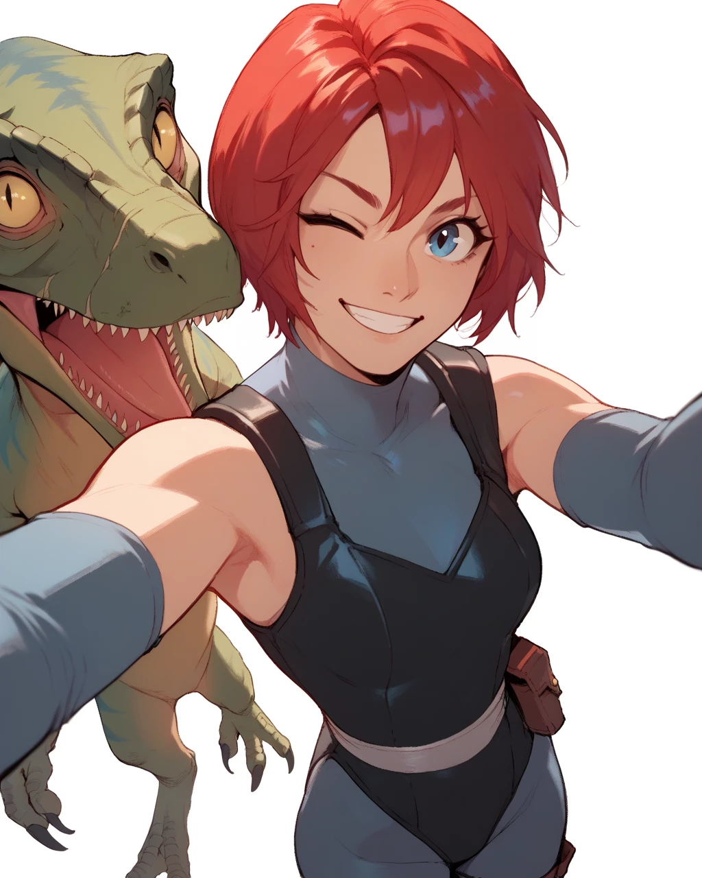 <lora:DinoCrisis_Regina-PONY:0.8> 1girl, 1nimal, wink, smile, selfie, outstreched arm, white background, red hair, short hair, blue eyes, leotard, bodysuit, detached sleeves, fingerless gloves, dinosaur, score_9, score_8_up, score_7_up, score_6_up,