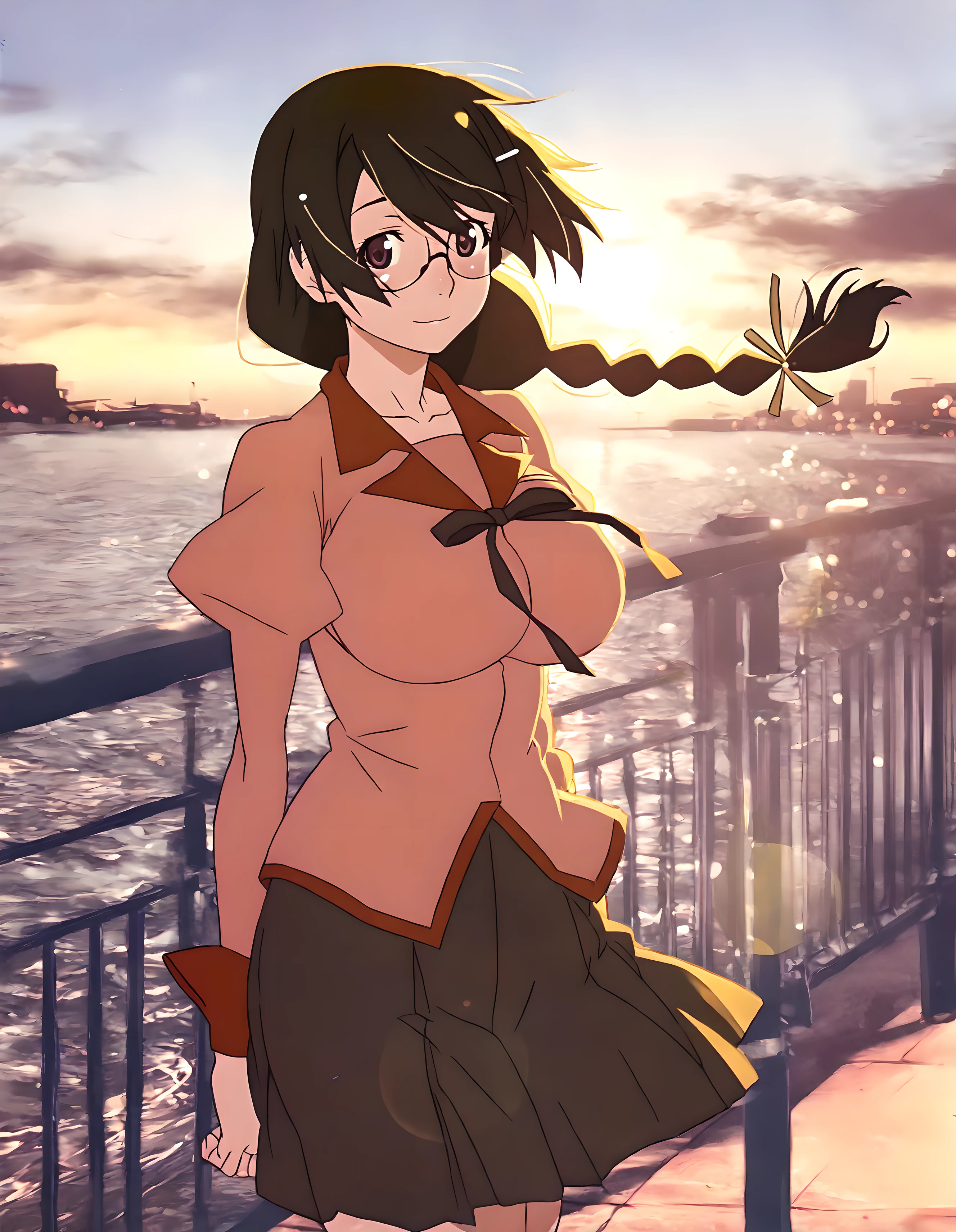 <lora:illustrious_XL_hanekawa_v2:0.8>,hanekawa,masterpiece,best quality,good quality,1girl,solo,naoetsu_high_school_uniform,hair fluttering in the wind,dusk,street,railing,ocean,reflection of light on the water surface,standing,cowboy_shot,looking_at_viewer,lens_flare,bokeh,rim light,