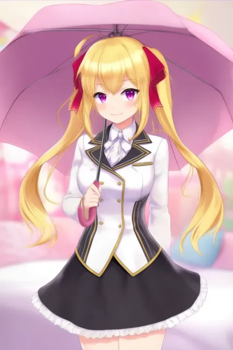 Takamiya Rion, anime-style girl. The image features an anime-style character with long blonde hair styled in twin tails, each adorned with a red bow. The character has striking purple eyes and is wearing a white blouse with black trim and gold buttons, paired with a black skirt that has a frilled hem, (She turns around turning her open umbrella:2.5) in bedroom.