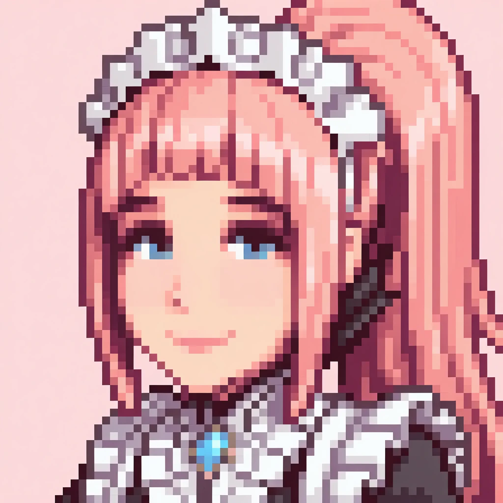 masterpiece, best quality, solo, 1girl, smile, looking at viewer, <lora:Stardew-Valley-Portraits-illus_Fp:1>, pixel art, portrait, simple background, <lora:felicia-fe-richy-v1_ixl:1>, f1cdf, blue eyes, pink hair, long hair, ponytail, sidelocks, blunt bangs, maid headdress, black feathered collar, blue brooch, maid, juliet sleeves, maid apron,
