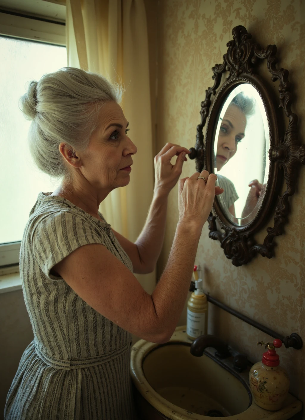 { "T5": "A hyperrealistic scene of an elderly woman standing in a vintage bathroom, lit by soft, warm light pouring through a frosted window, her face filled with a mix of curiosity and nostalgia as she reaches out a wrinkled hand to touch her reflection in an old, ornate mirror, the mirror's surface slightly worn and distressed, reflecting an exact image of the woman, with every detail of her aged skin, silver hair, and expressive eyes precisely duplicated, the bathroom's wallpaper is a faded floral pattern, and the air is thick with the scent of old perfume and decay, the camera-angle is a close-up shot from the side, capturing the intimacy of the moment", "CLIP-L": "elderly woman, bathroom, mirror, reflection, hyperrealistic, vintage, soft light, warm colors, ornate mirror, wrinkled skin, silver hair, expressive eyes, faded wallpaper, old perfume" }