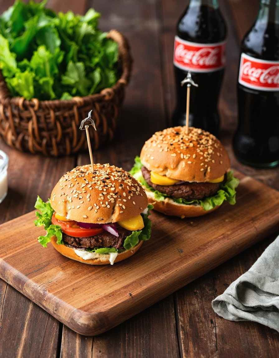 foodpho , High resolution food photography style using Sony A7RIV, The image shows two burgers on a wooden cutting board. The burgers are made with a sesame seed bun and are topped with a generous helping of lettuce, tomato, and red onion. There are two toothpicks sticking out of the bun, indicating that the burgers are ready to be eaten. In the background, there are two bottles of Coca-Cola and a woven basket. The cutting board is placed on a rustic wooden table. The image is detailed and shot using a 50mm f 1.8 lens.