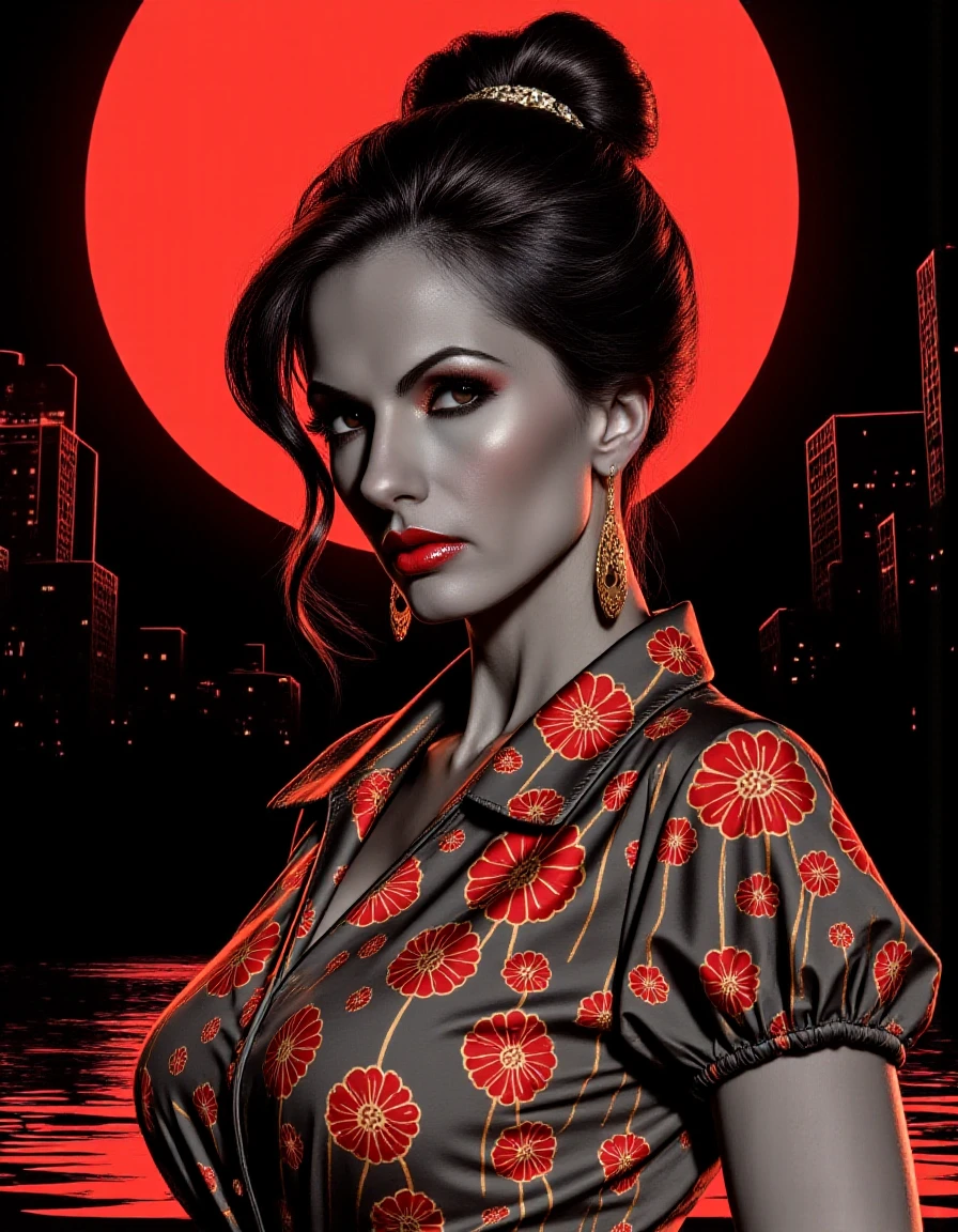 <lora:Catalina_Cruz:1>, noir comic style with grey with red accents hues, portrait of a woman wearing a blouse decorated with red tree-like flowers, hair bun, at night with red moon in background, black cityline, <lora:lnrnr_flux_EliPot:1>